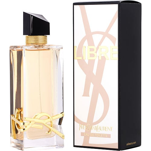 YSL Libre Eau de Toilette front view with sleek transparent bottle, light pink juice, and iconic gold YSL logo
