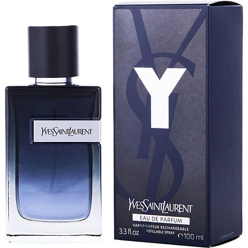 YSL Y Eau de Parfum front view with sleek dark blue gradient bottle and bold silver Y-shaped logo