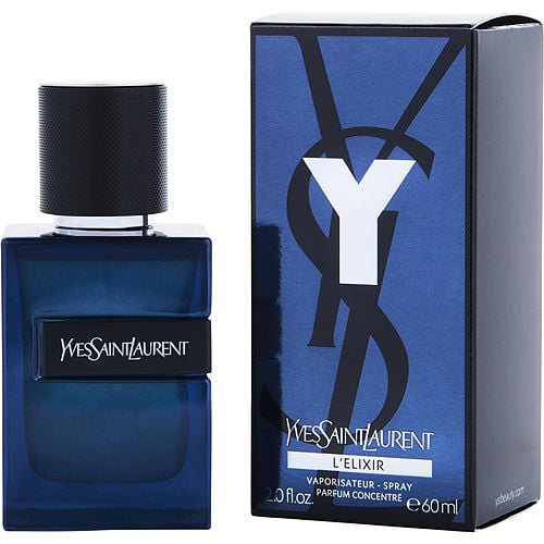 YSL Y L’Elixir Parfum Concentrate front view with sleek black-to-gold gradient bottle and bold silver Y logo